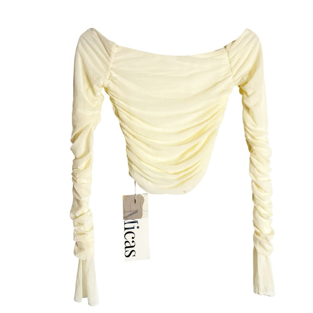 Micas Cream Ruched Long Sleeve Off the Shoulder Crop Top Regency Ren Faire M